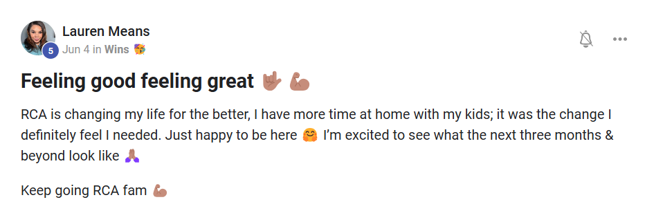 Lauren Means’s community post: Feeling good feeling great 🤟🏽 💪🏽. Readable text below.