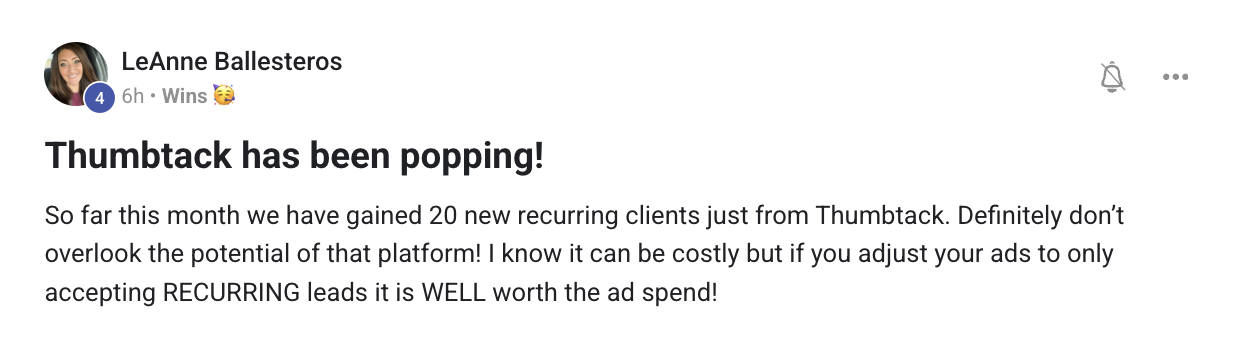 LeAnne Ballesteros’s community post: Thumbtack has been popping!. Readable text below.